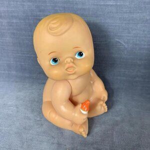 VTG 1960 Rubber Baby Squeak Doll Toy With Bottle Moving Arm & Head Made In Japan